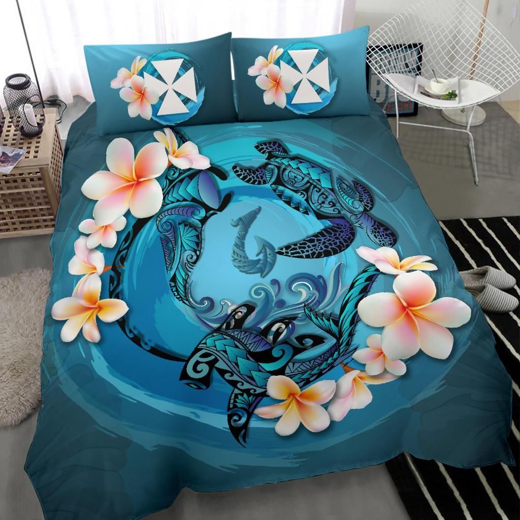 Polynesian Duvet Cover Set - Wallis And Futuna Bedding Set Blue Plumeria Animal Tattoo