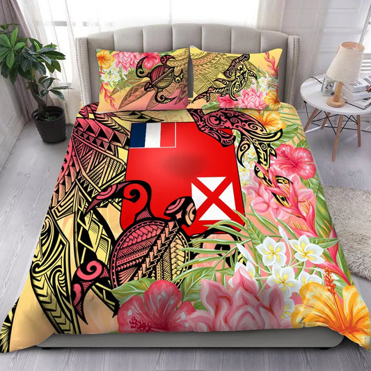 Wallis And Futuna Bedding Set - Flowers Tropical With Sea Animals