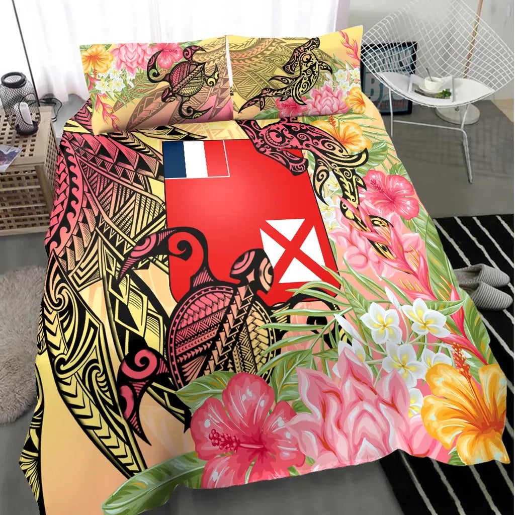 Wallis And Futuna Bedding Set - Flowers Tropical With Sea Animals