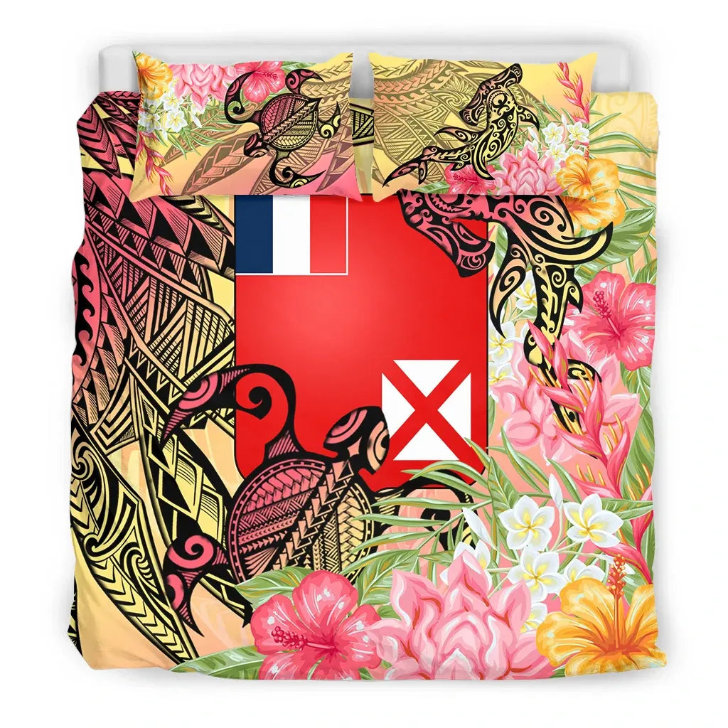 Wallis And Futuna Bedding Set - Flowers Tropical With Sea Animals
