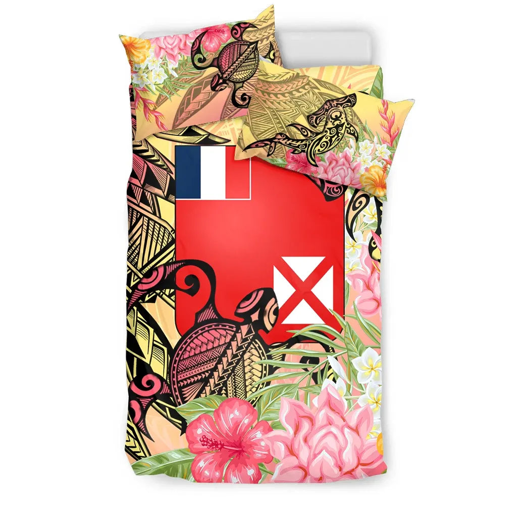 Wallis And Futuna Bedding Set - Flowers Tropical With Sea Animals