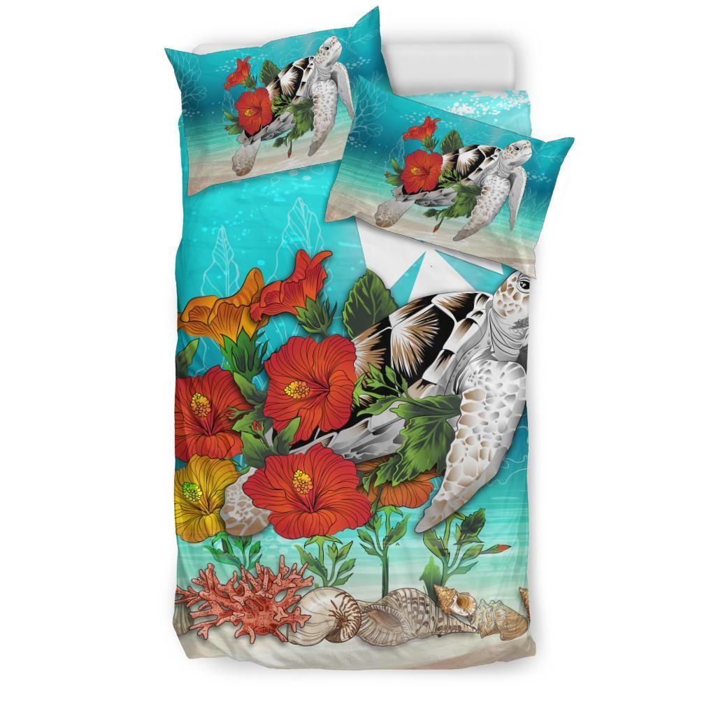 Polynesian Duvet Cover Set - Wallis And Futuna Bedding Set Ocean Turtle Hibiscus