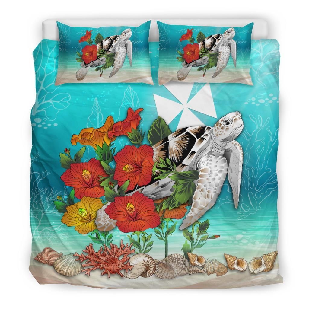 Polynesian Duvet Cover Set - Wallis And Futuna Bedding Set Ocean Turtle Hibiscus