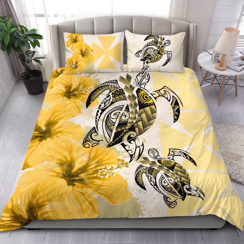 Polynesian Duvet Cover Set - Wallis And Futuna Bedding Set Polynesia Turtle Hibiscus Yellow
