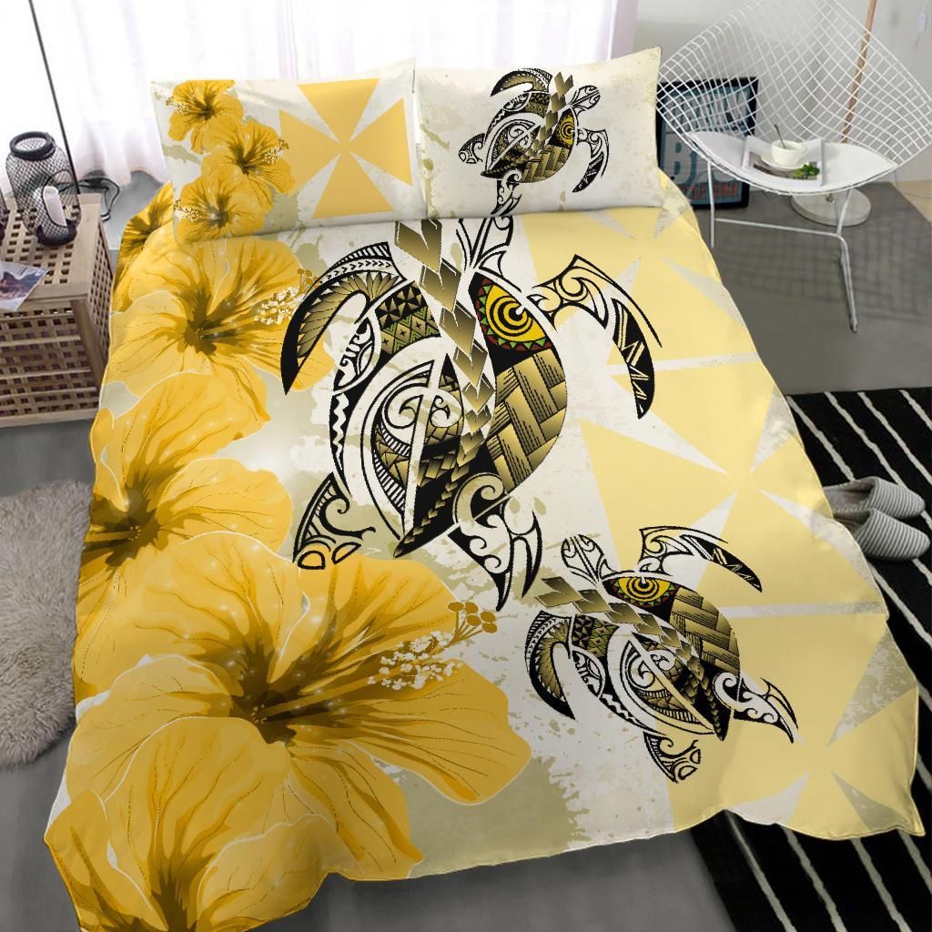 Polynesian Duvet Cover Set - Wallis And Futuna Bedding Set Polynesia Turtle Hibiscus Yellow