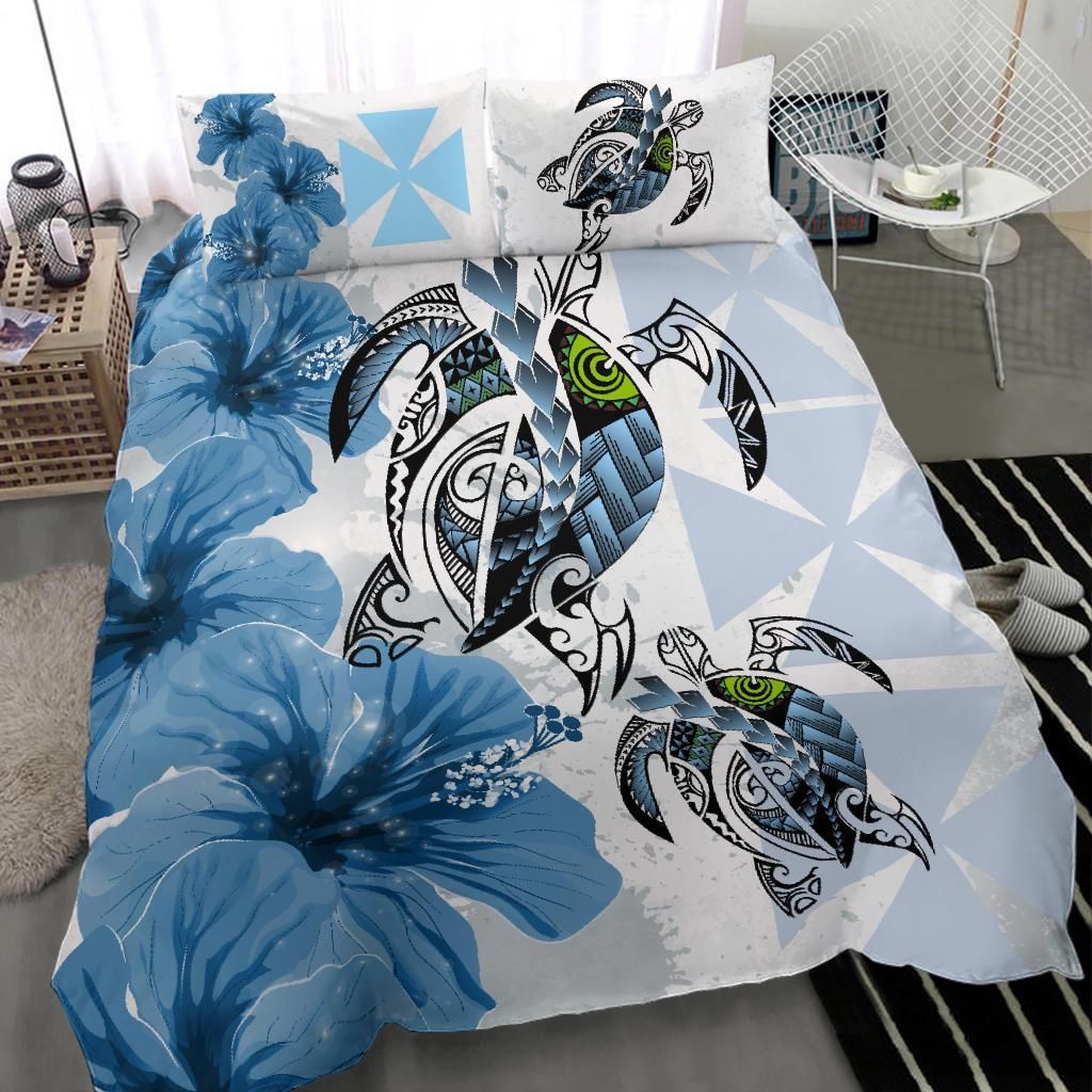 Polynesian Duvet Cover Set - Wallis And Futuna Bedding Set Polynesia Turtle Hibiscus Blue