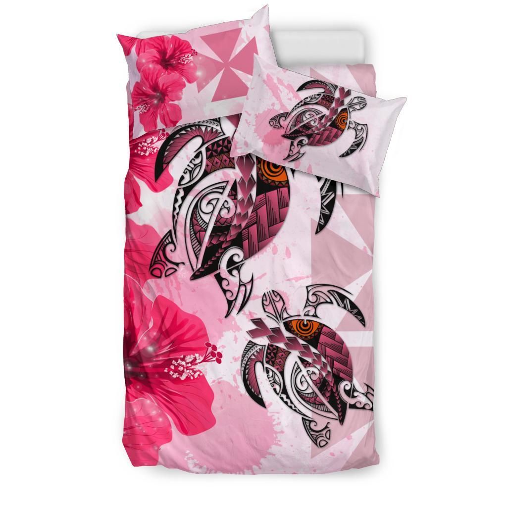 Polynesian Duvet Cover Set - Wallis And Futuna Bedding Set Polynesia Turtle Hibiscus Pink