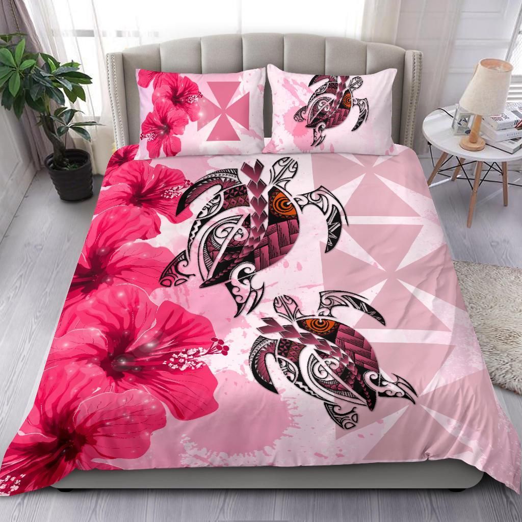 Polynesian Duvet Cover Set - Wallis And Futuna Bedding Set Polynesia Turtle Hibiscus Pink