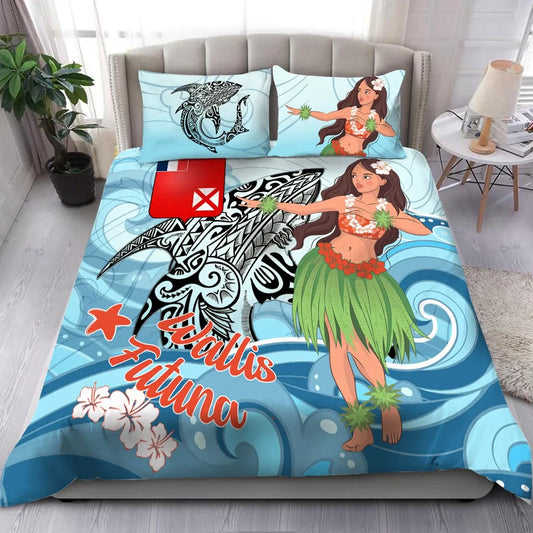 Wallis And Futuna Bedding Set - Polynesian Girls With Shark