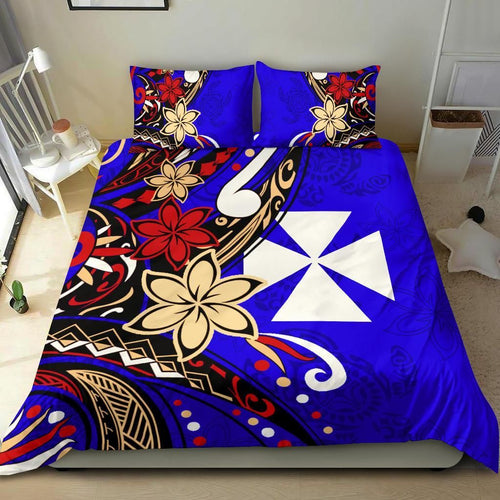 Wallis And Futuna Bedding Set - Tribal Flower With Special Turtles Blue Color
