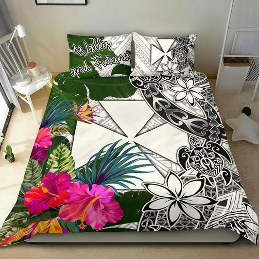 Wallis And Futuna Bedding Set White - Turtle Plumeria Banana Leaf