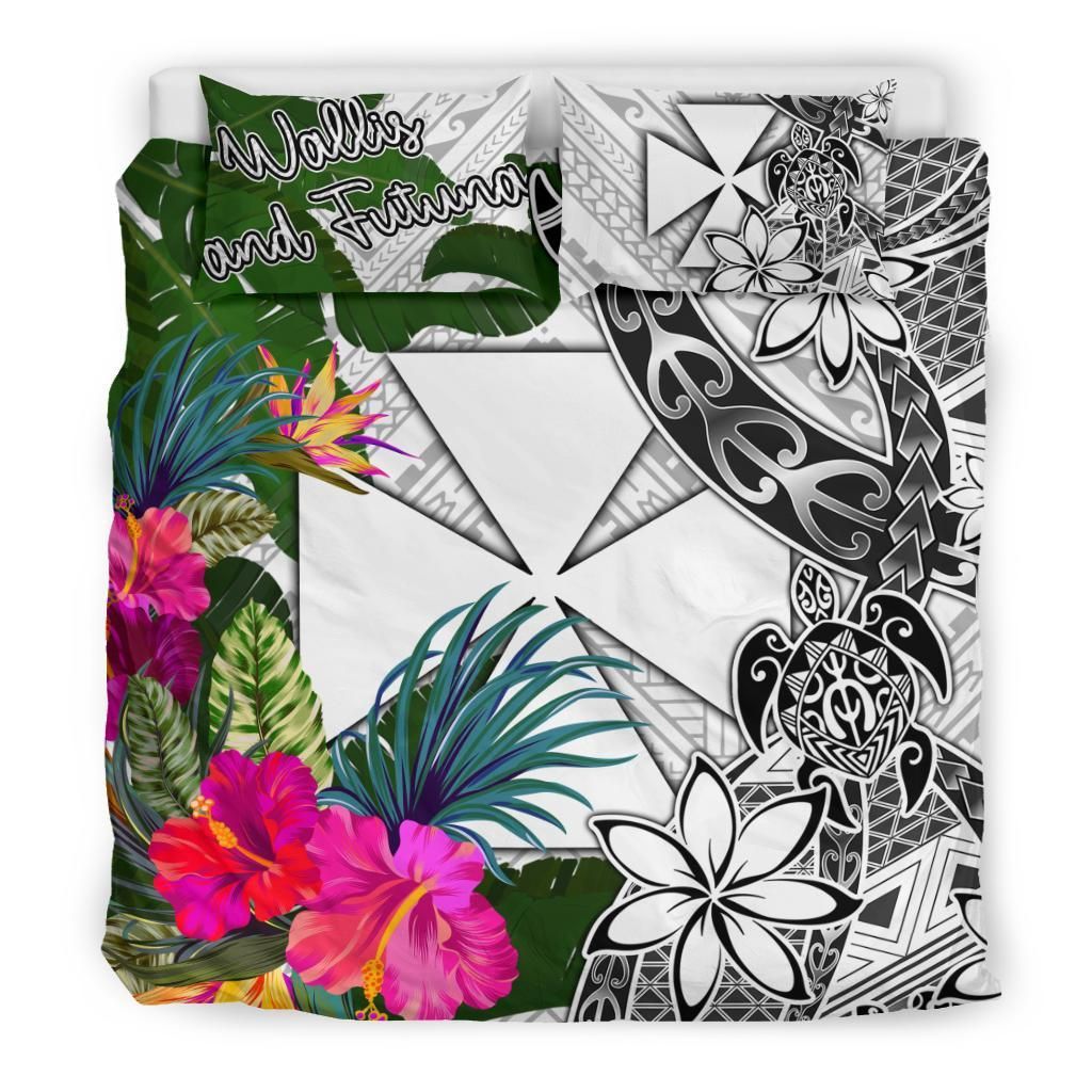 Wallis And Futuna Bedding Set White - Turtle Plumeria Banana Leaf