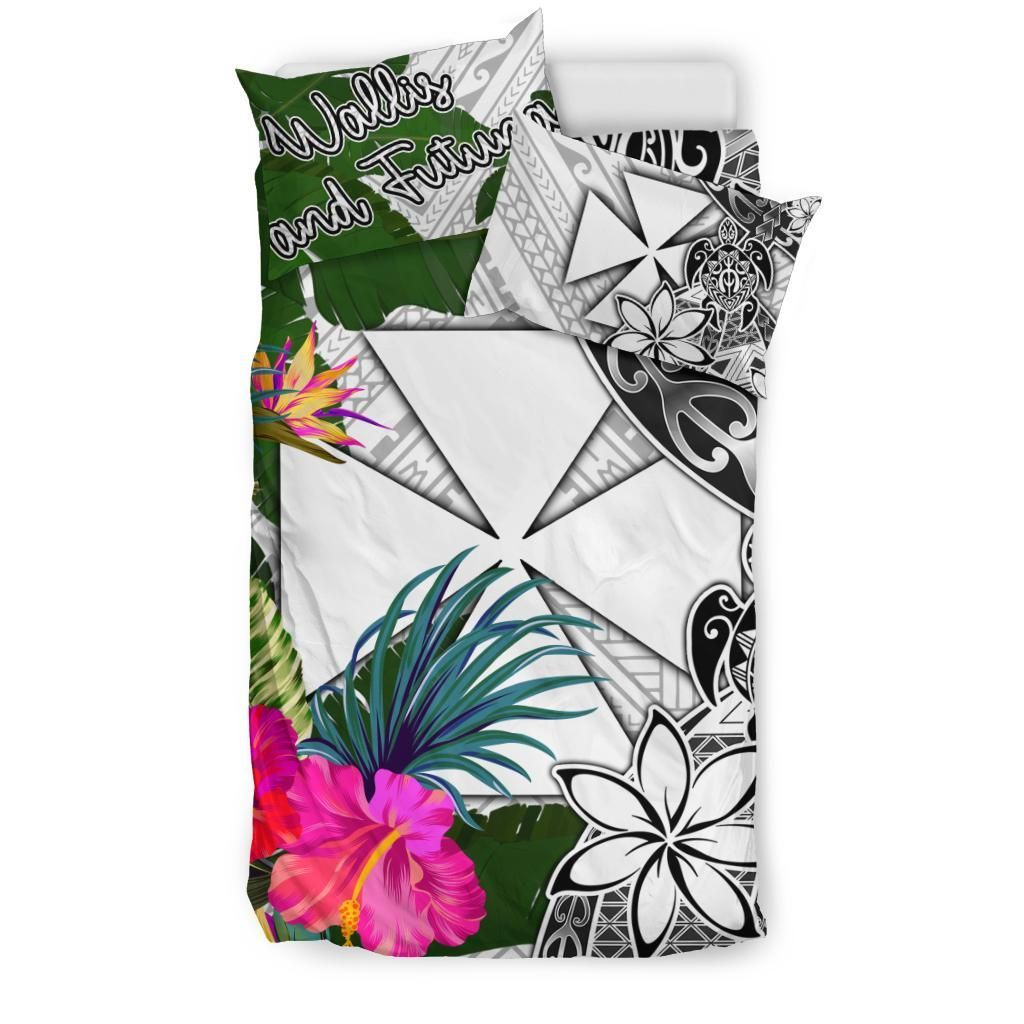 Wallis And Futuna Bedding Set White - Turtle Plumeria Banana Leaf
