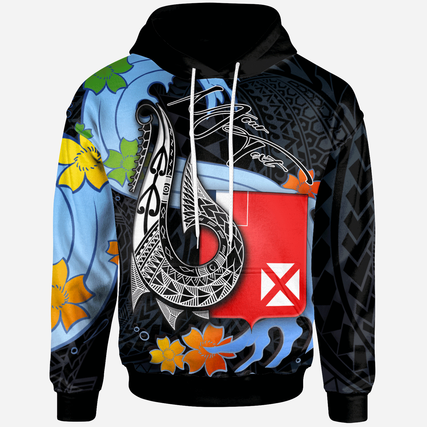 Wallis and Futuna Custom Personalised Hoodie - Fish Hooks And Wave