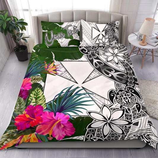Wallis And Futuna Custom Personalised Bedding Set White - Turle Plumeria Banana Leaf