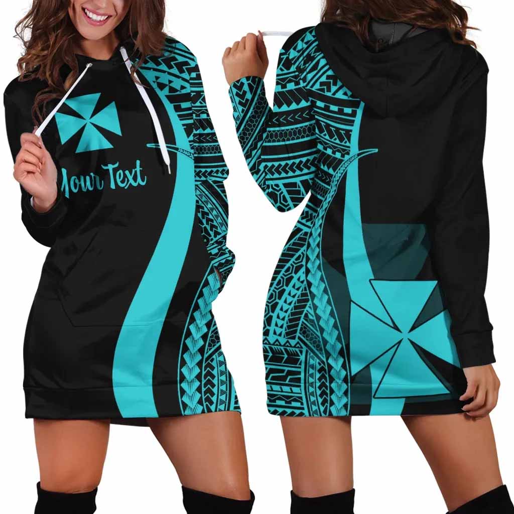 Wallis and Futuna Custom Personalised Hoodie Dress - Turquoise Polynesian Tentacle Pattern