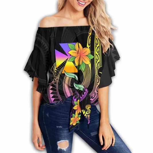 Wallis and Futuna Custom Personalised Off Shoulder Wrap Waist Top - Plumeria Flowers With Spiral Patterns