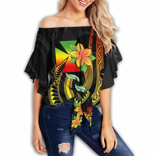 Wallis and Futuna Custom Personalised Off Shoulder Wrap Waist Top - Plumeria Flowers With Spiral Patterns (Reggae)