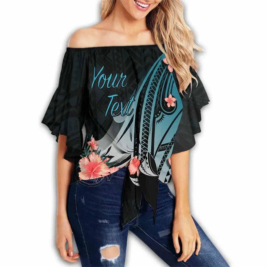 Wallis and Futuna Custom Personalised Off Shoulder Wrap Waist Top - Turquoise Polynesian Hibiscus Pattern Style