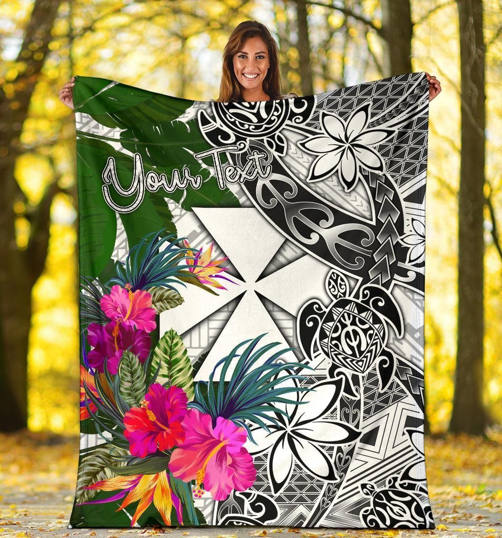 Wallis And Futuna Custom Personalised Premium Blanket White - Turtle Plumeria Banana Leaf