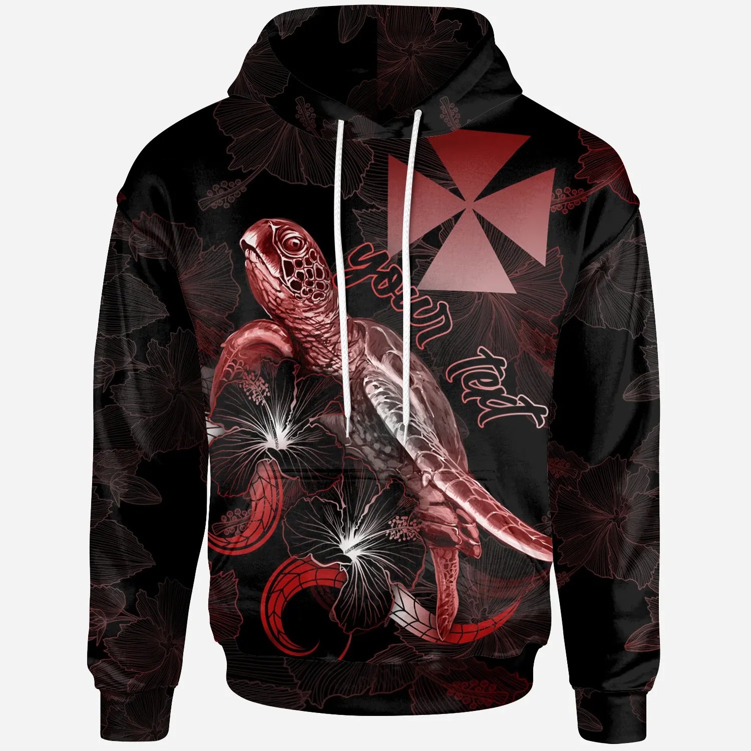 Wallis and Futuna Custom Personalized Polynesian Hoodie - Turtle With Blooming Hibiscus Red
