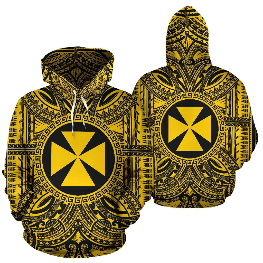Wallis nd Futuna ll Over Hoodie - Wallis nd Futuna Coat Of rms Polynesian Gold Black