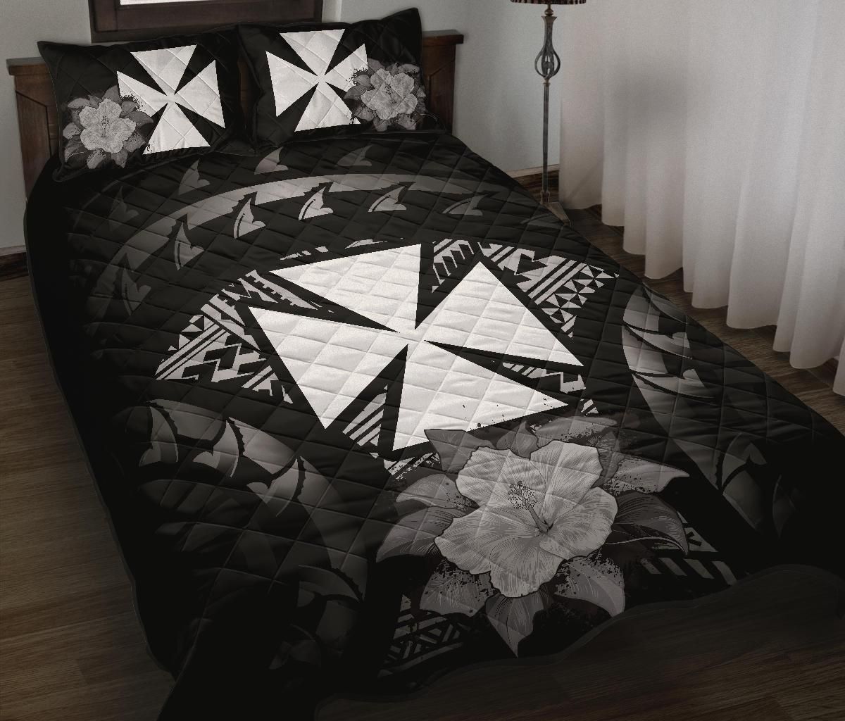 Wallis And Futuna Polynesian Quilt Bed Set Hibiscus Gray