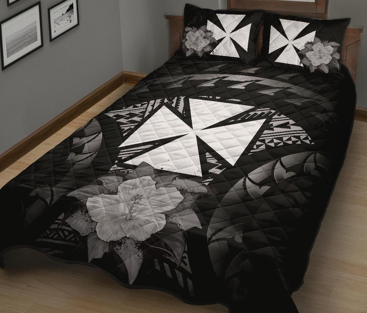 Wallis And Futuna Polynesian Quilt Bed Set Hibiscus Gray
