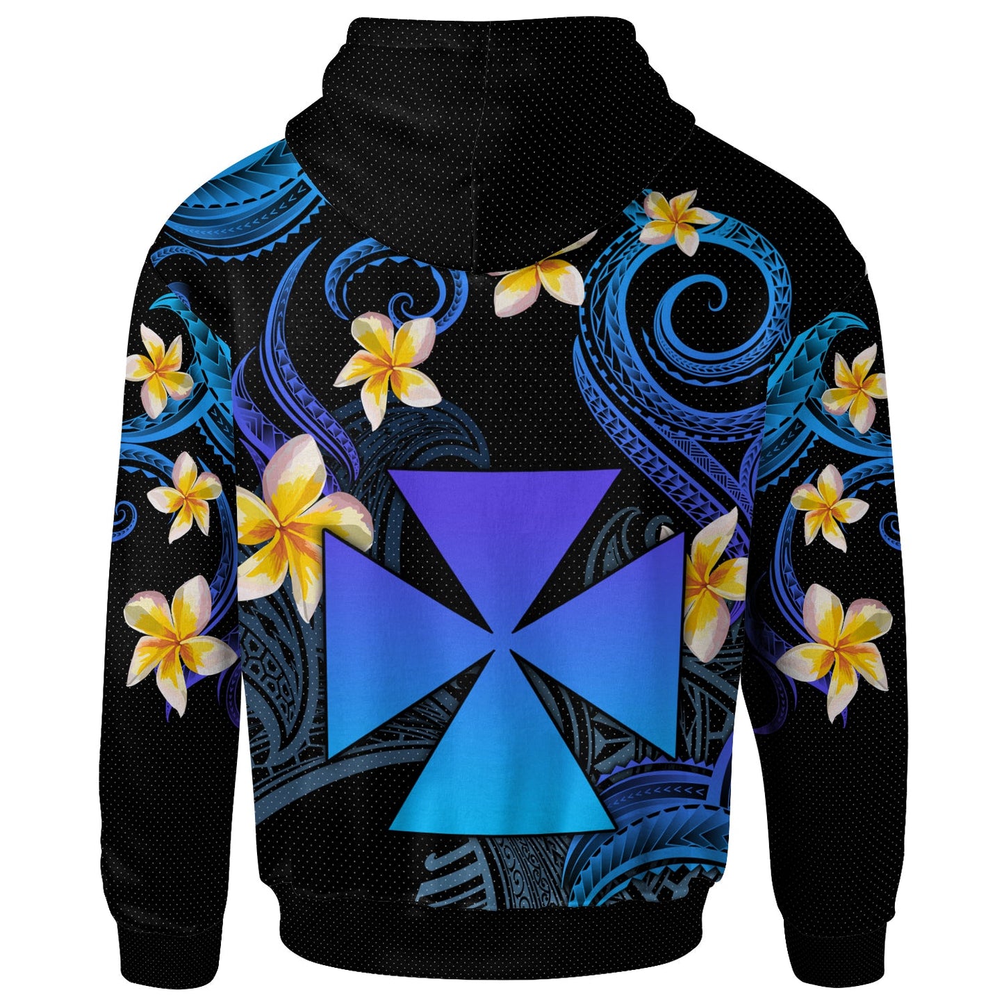 Wallis and Futuna Hoodie - Custom Personalised Polynesian Waves with Plumeria Flowers (Blue)
