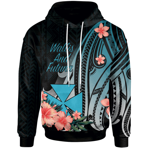 Wallis and Futuna Hoodie - Turquoise Polynesian Hibiscus Pattern Style