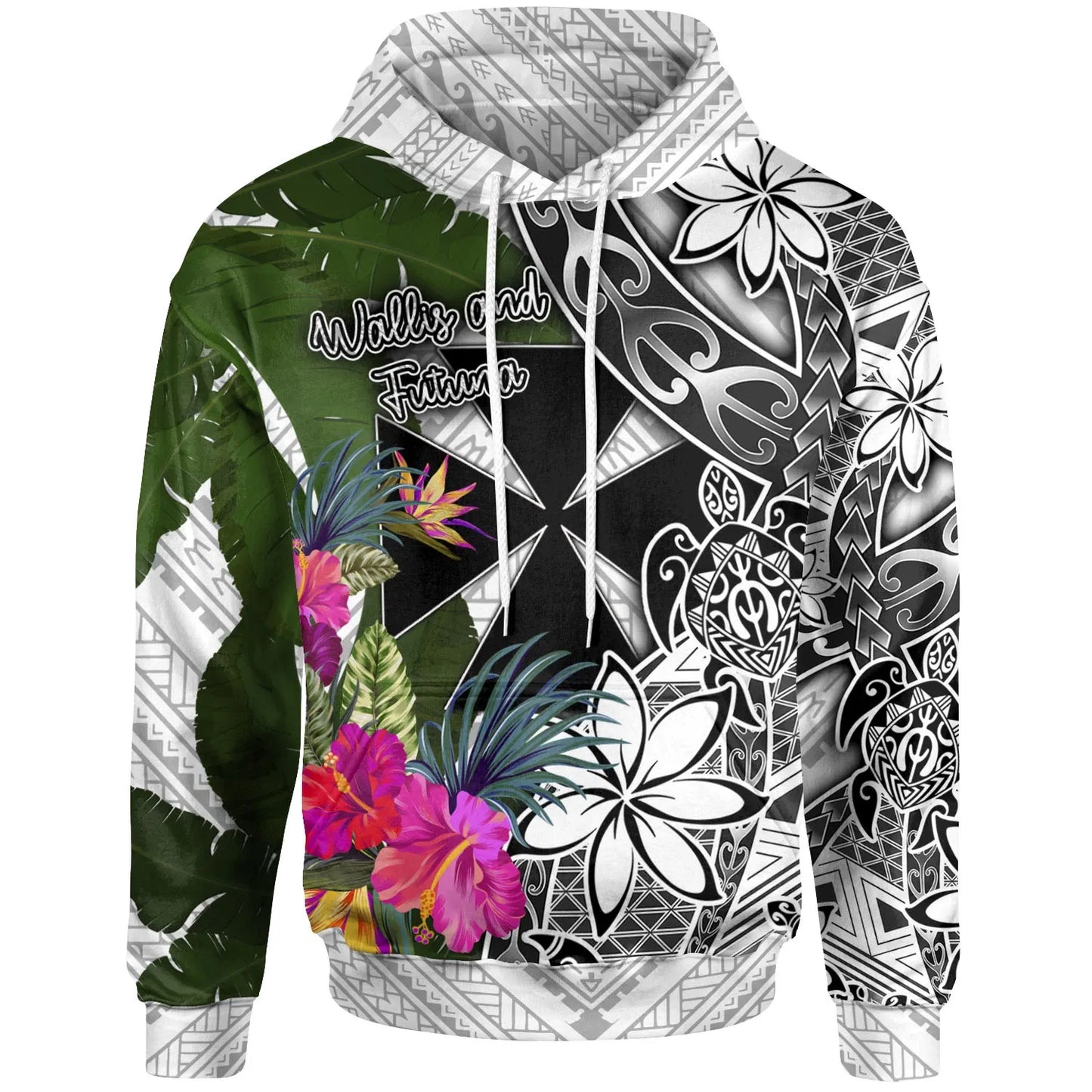 Wallis and Futuna Hoodie White - Turtle Plumeria Banana Leaf