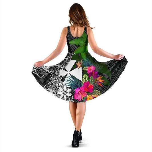 Wallis and Futuna Midi Dress - Turtle Plumeria Banana Leaf