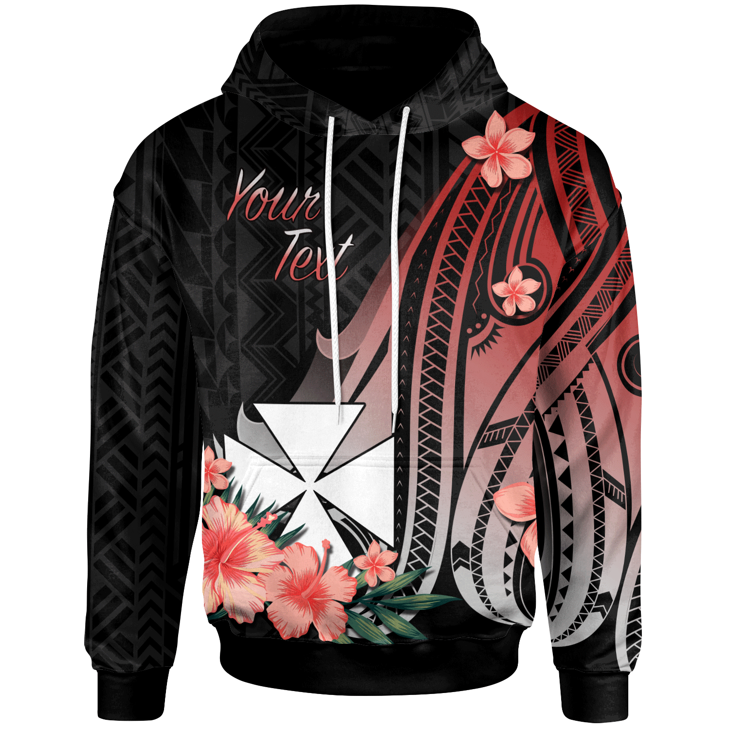 Wallis and Futuna Personalised Custom Hoodie -  Red Polynesian Hibiscus Pattern Style