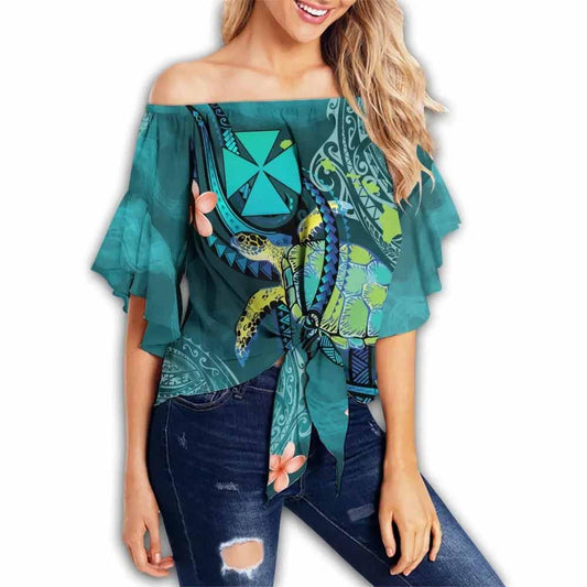 Wallis and Futuna Personalised Off Shoulder Wrap Waist Top - Turtle With Pattern