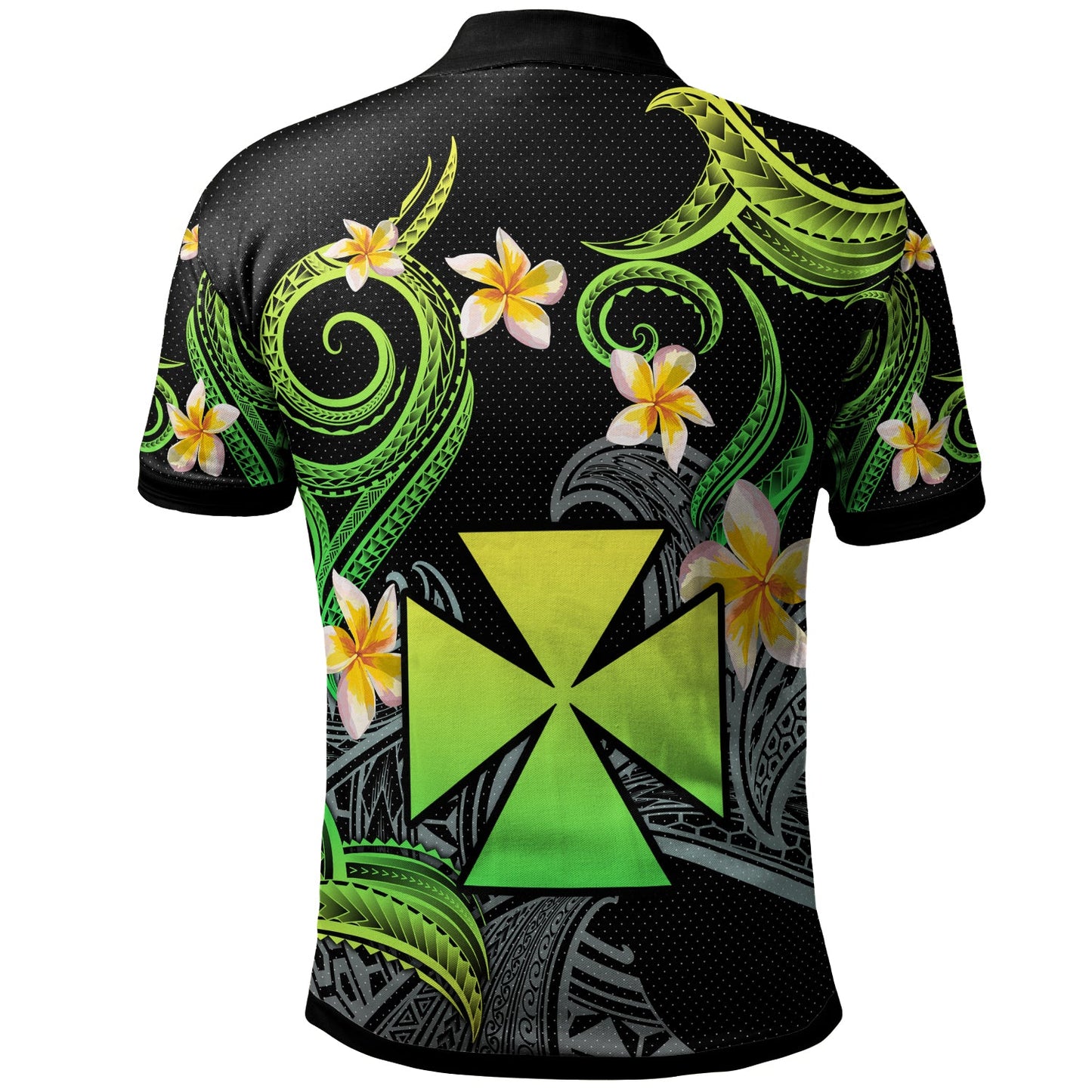 Wallis and Futuna Polo Shirt - Custom Personalised Polynesian Waves with Plumeria Flowers (Green)