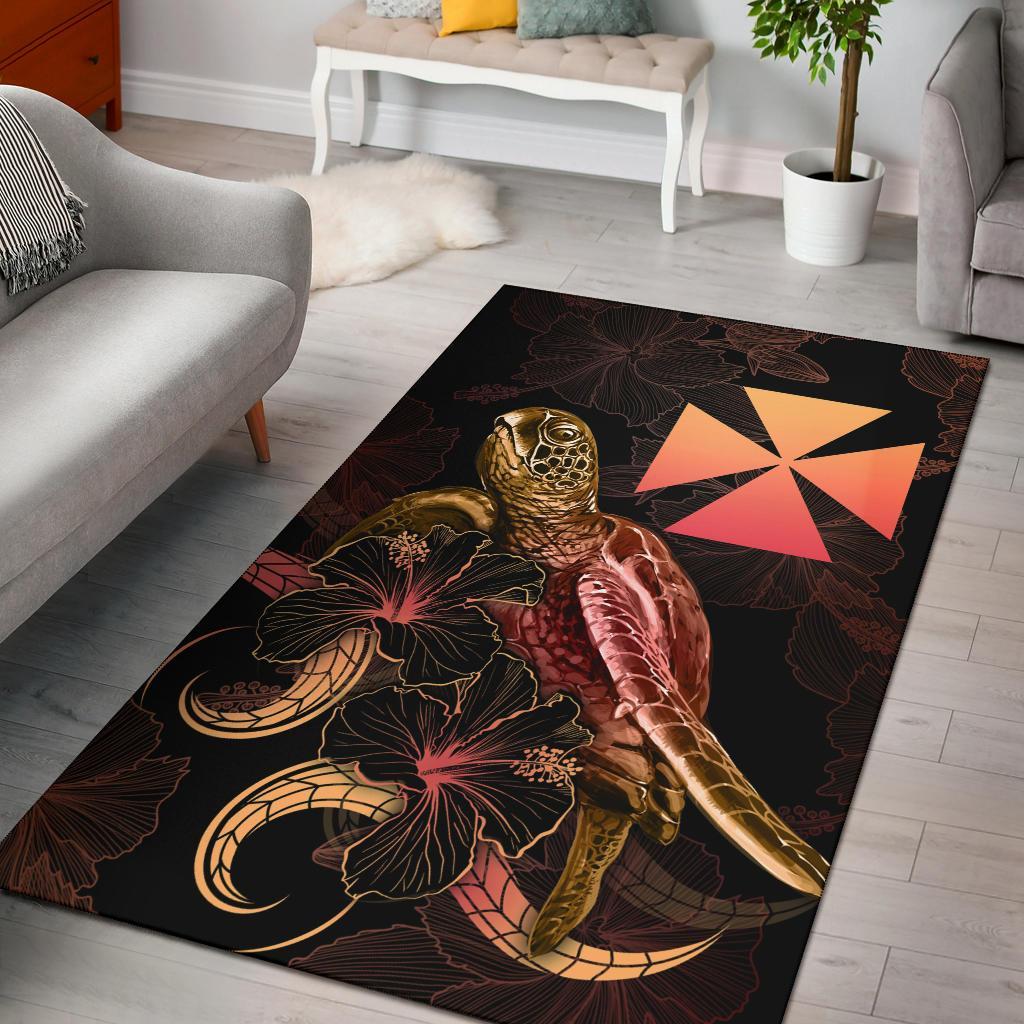 Wallis And Futuna Polynesian Area Rugs - Turtle With Blooming Hibiscus Gold