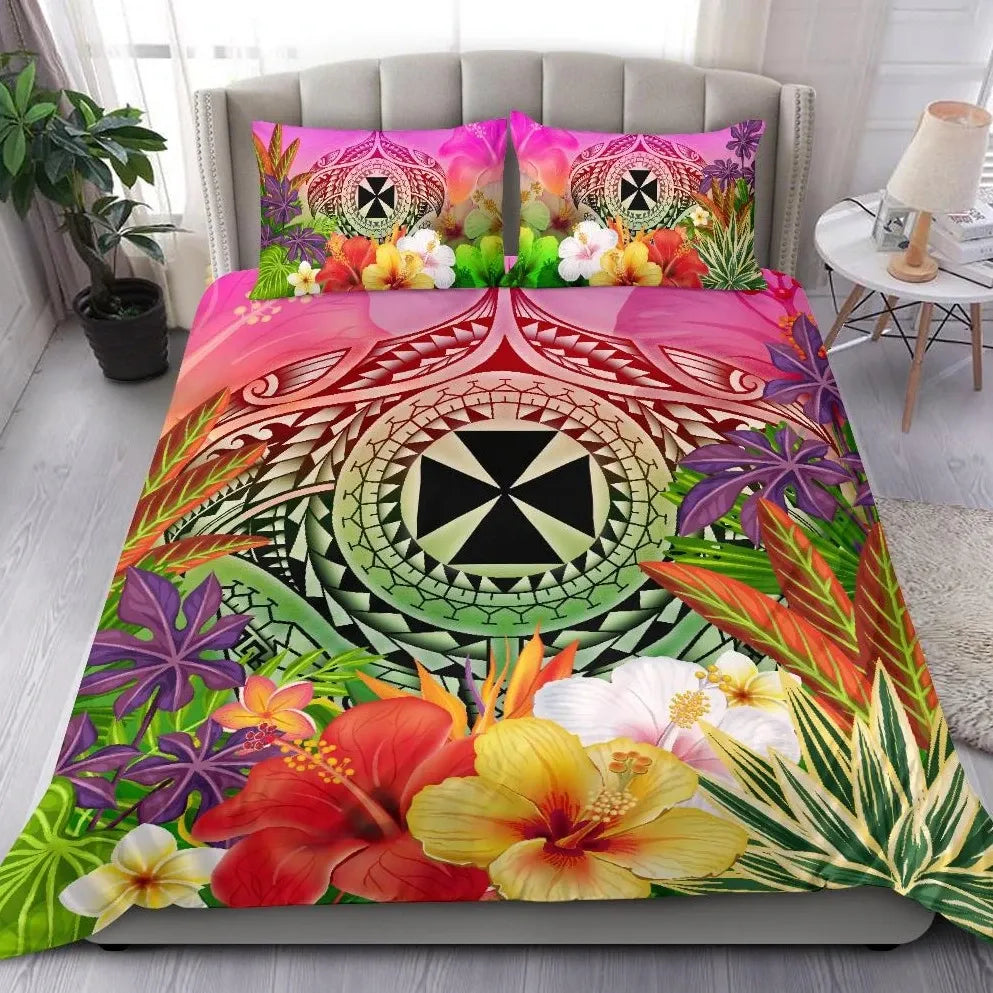 Wallis And Futuna Polynesian Bedding Set - Manta Ray Tropical Flowers