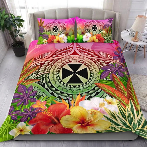 Wallis And Futuna Polynesian Bedding Set - Manta Ray Tropical Flowers