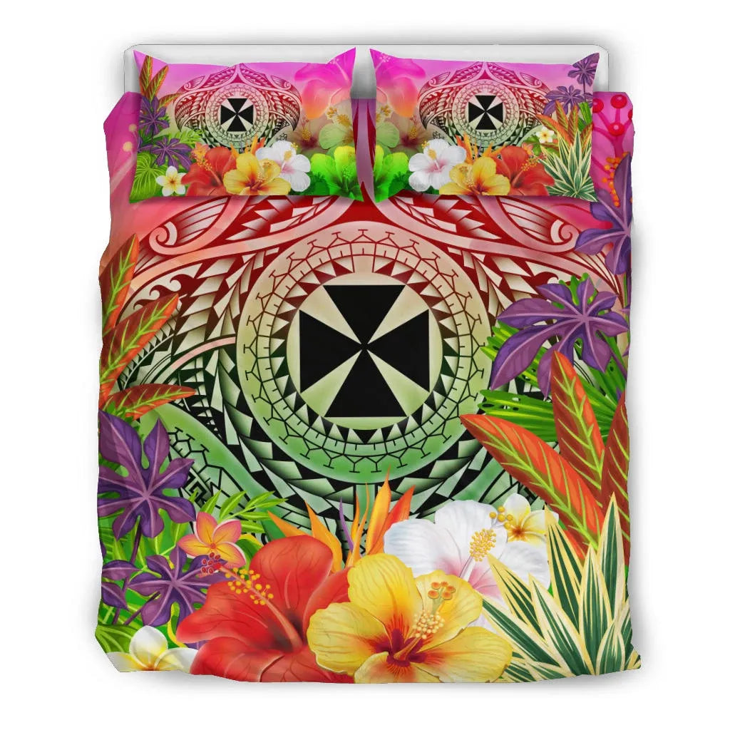 Wallis And Futuna Polynesian Bedding Set - Manta Ray Tropical Flowers