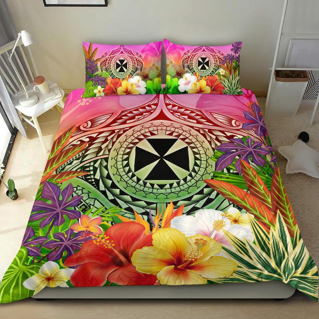 Wallis And Futuna Polynesian Bedding Set - Manta Ray Tropical Flowers