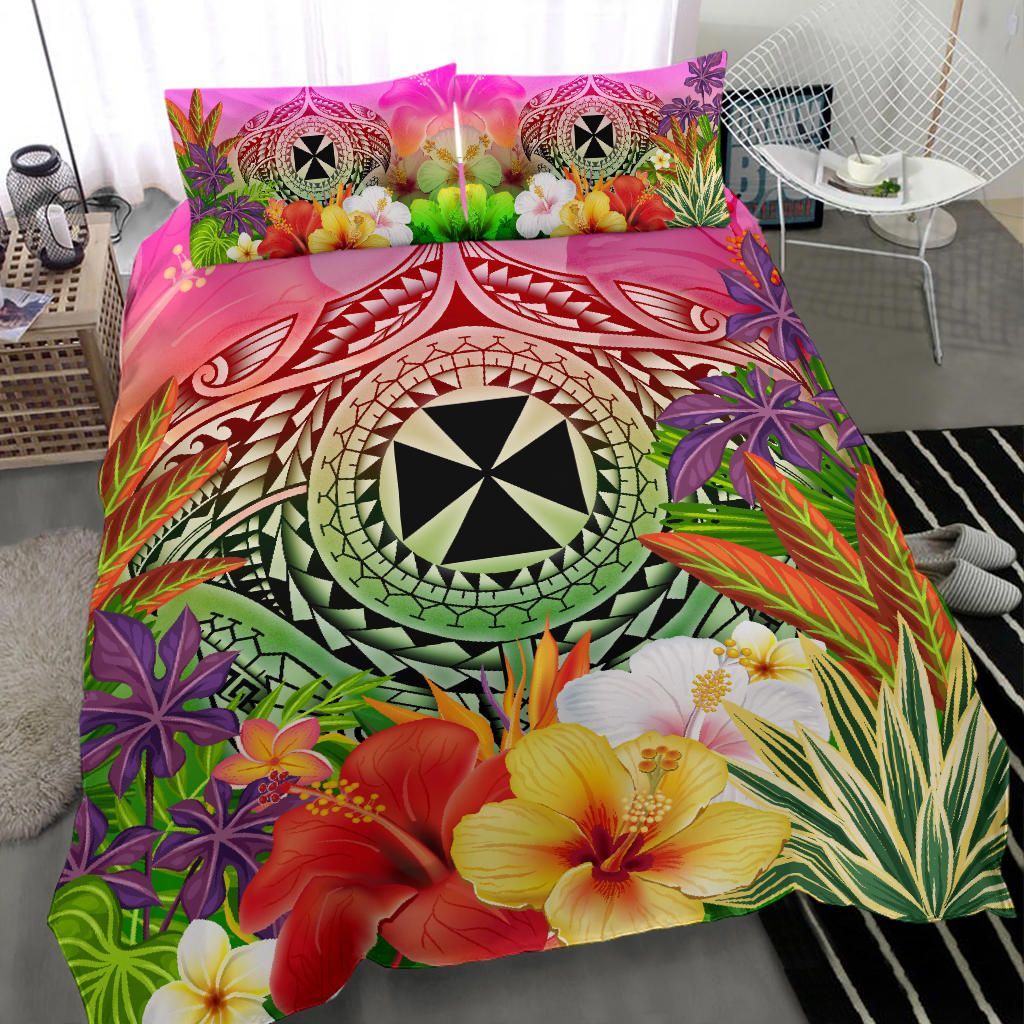 Wallis And Futuna Polynesian Bedding Set - Manta Ray Tropical Flowers