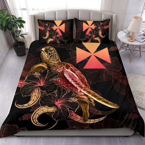 Wallis And Futuna Polynesian Bedding Set - Turtle With Blooming Hibiscus Gold