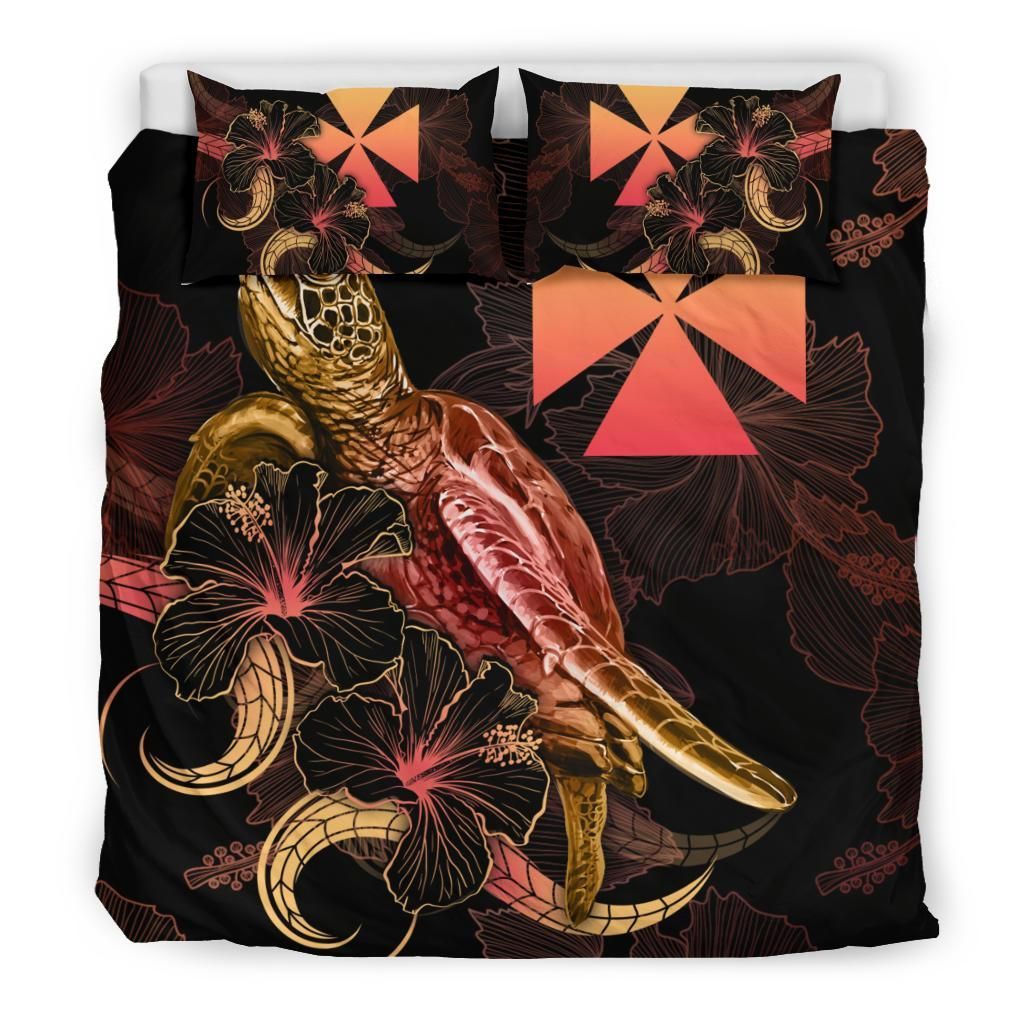 Wallis And Futuna Polynesian Bedding Set - Turtle With Blooming Hibiscus Gold