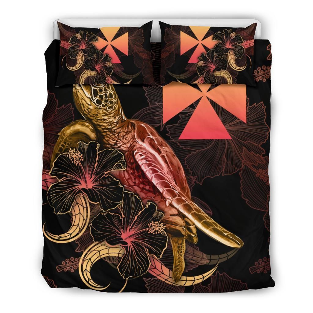 Wallis And Futuna Polynesian Bedding Set - Turtle With Blooming Hibiscus Gold
