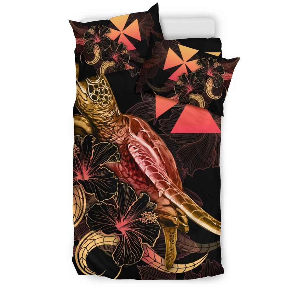 Wallis And Futuna Polynesian Bedding Set - Turtle With Blooming Hibiscus Gold