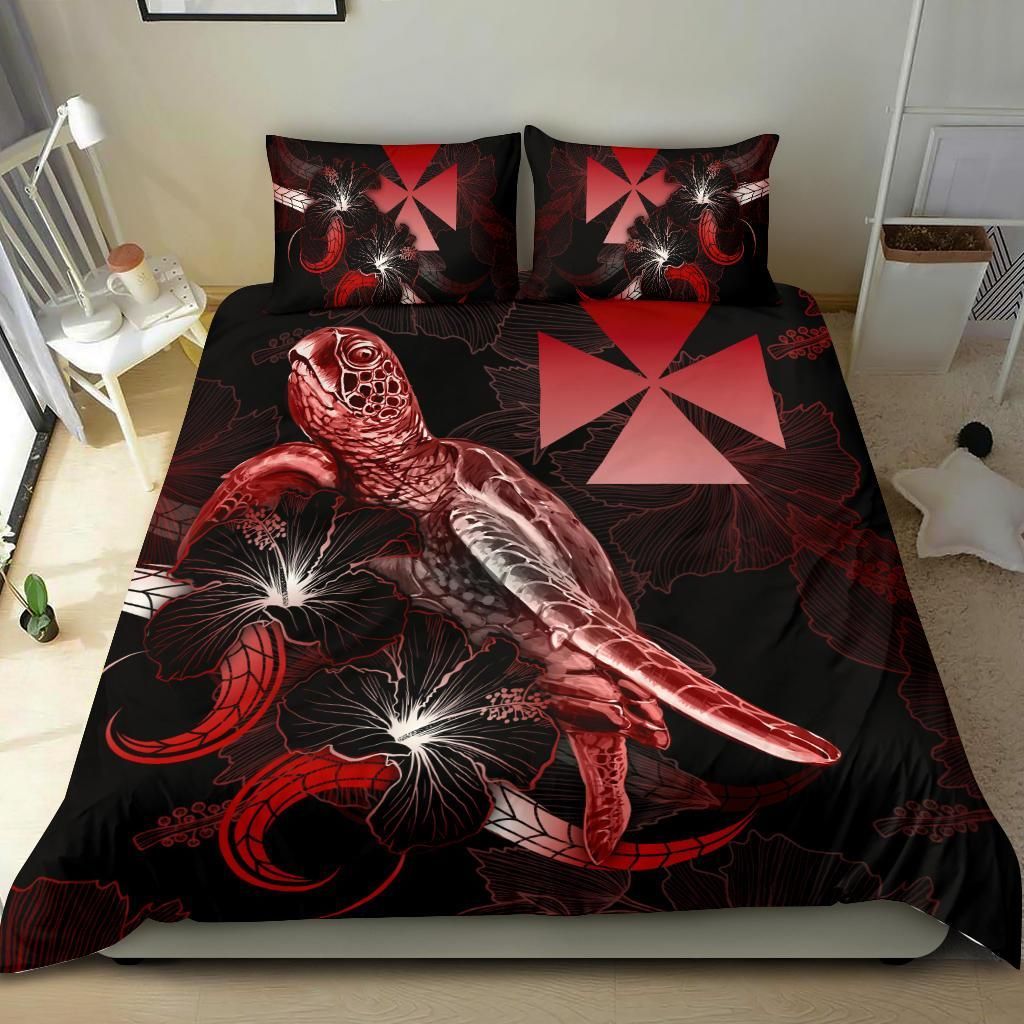 Wallis And Futuna Polynesian Bedding Set - Turtle With Blooming Hibiscus Red