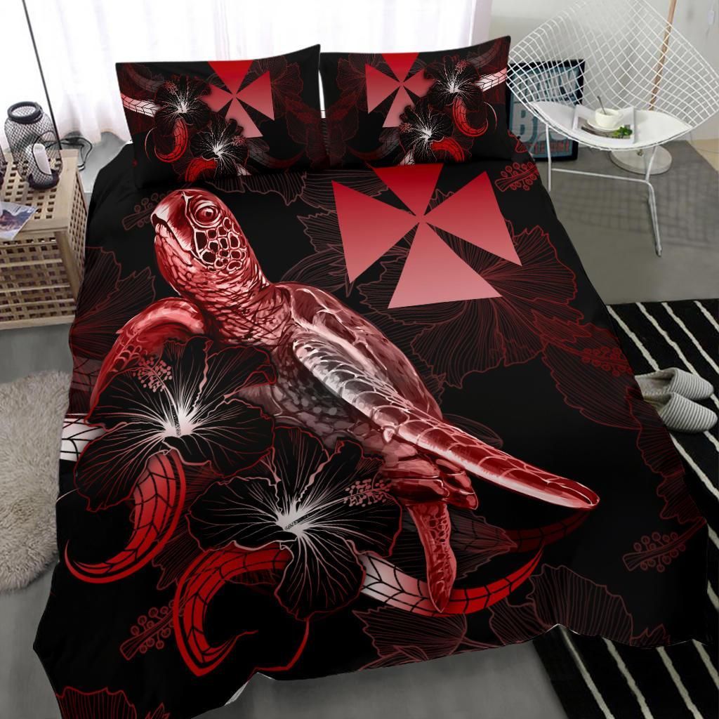 Wallis And Futuna Polynesian Bedding Set - Turtle With Blooming Hibiscus Red