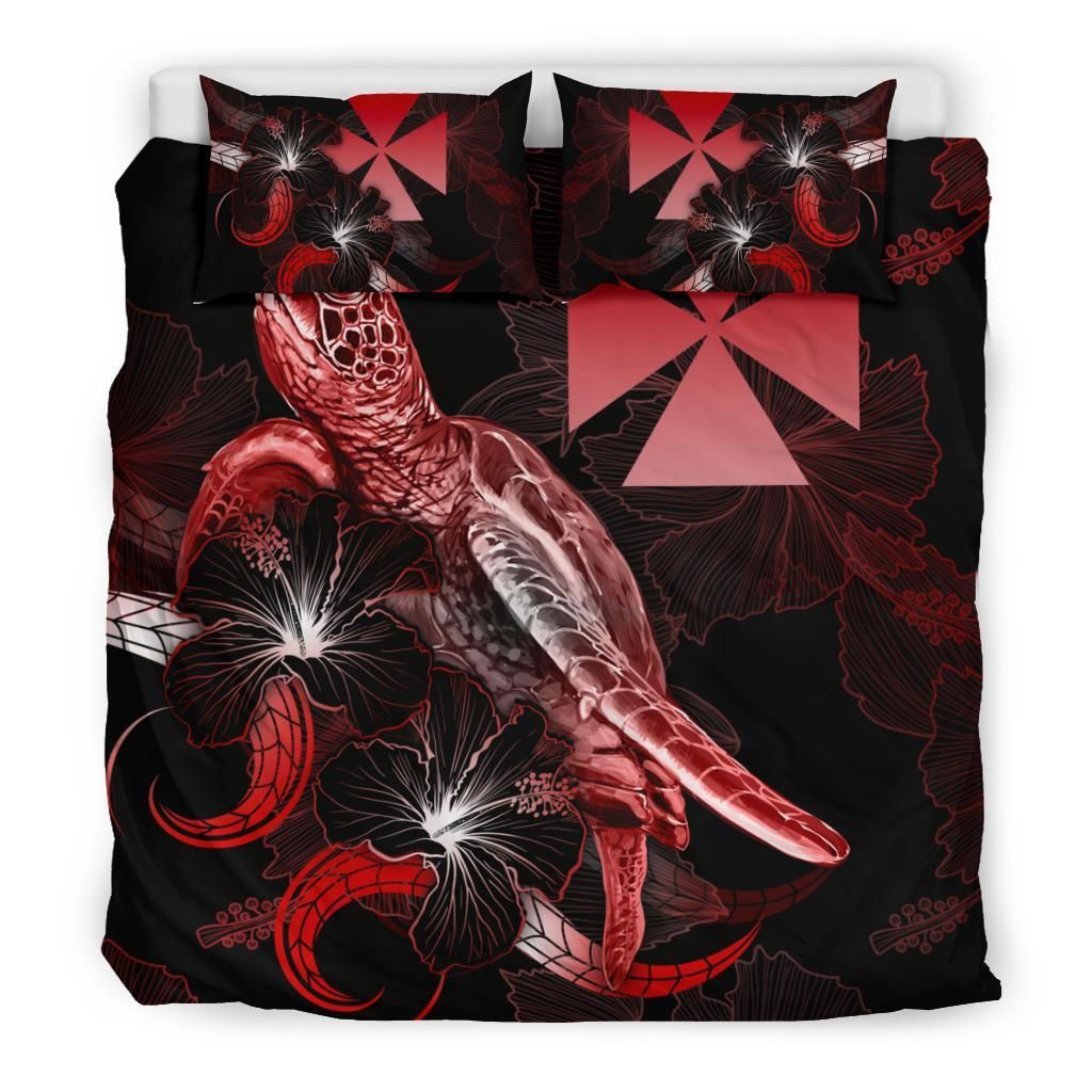 Wallis And Futuna Polynesian Bedding Set - Turtle With Blooming Hibiscus Red