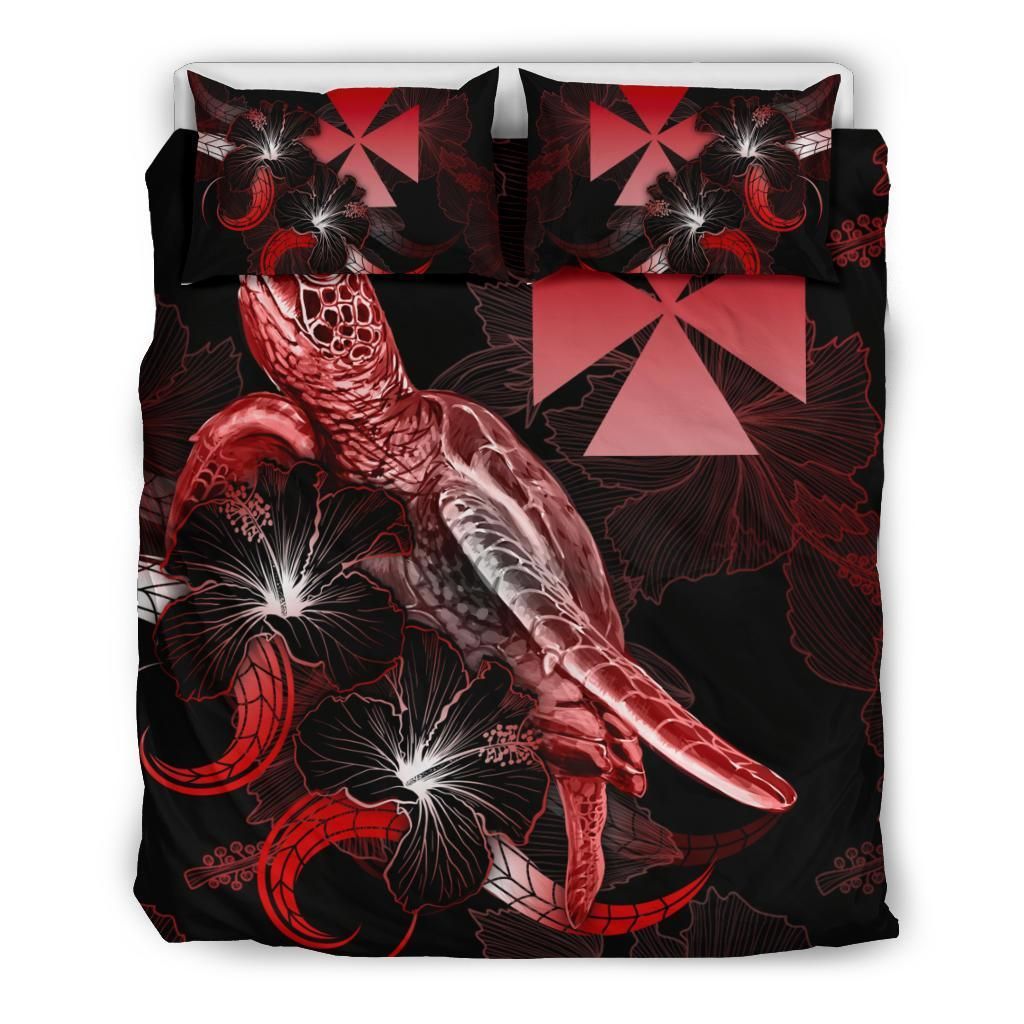 Wallis And Futuna Polynesian Bedding Set - Turtle With Blooming Hibiscus Red
