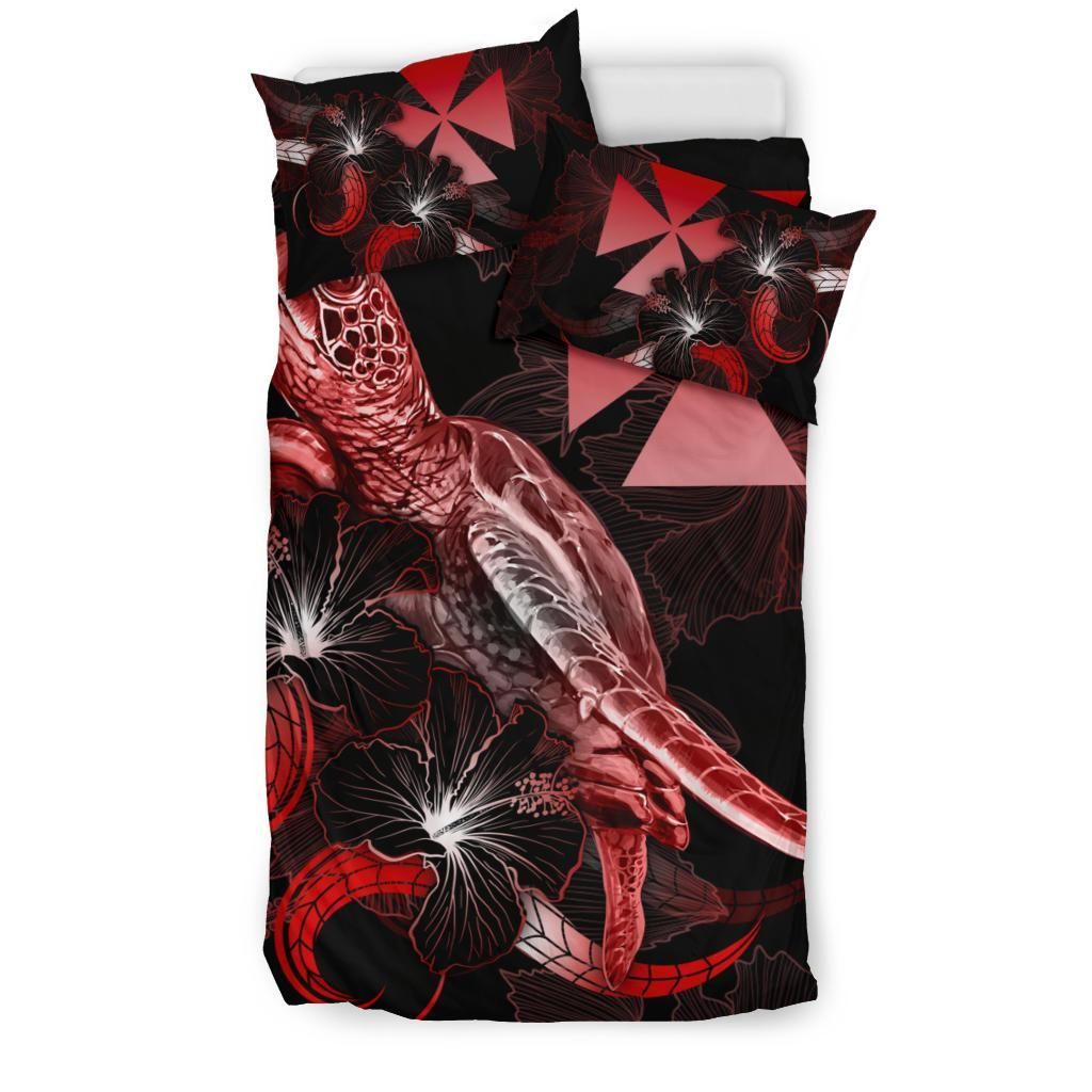 Wallis And Futuna Polynesian Bedding Set - Turtle With Blooming Hibiscus Red